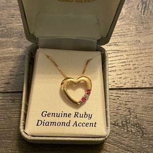Gold Heart Necklace with Ruby and Diamond Accents